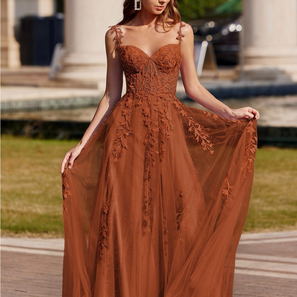 Stacees Women's Chic Rust Lace Prom Dress